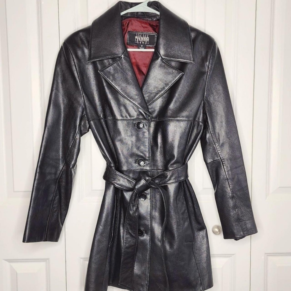 Vintage Wilson's Leather Black Authentic Leather Collared Jacket w/ Belt N' Loop
